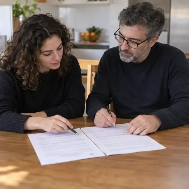 Dos personas revisando y firmando documentos de vivienda y una autorización escrita en una mesa