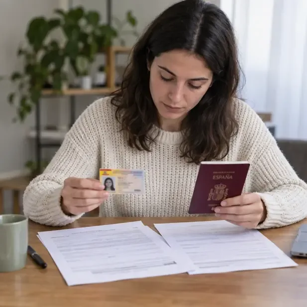 Persona preparando un documento de identidad, un pasaporte y formularios sobre una mesa antes de tramitar el empadronamiento en Granada