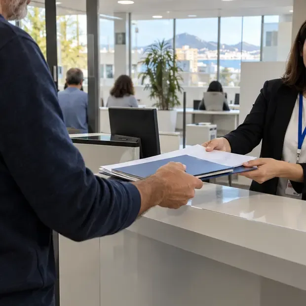 Una persona entrega una carpeta de documentos a una empleada en un mostrador de atención ciudadana