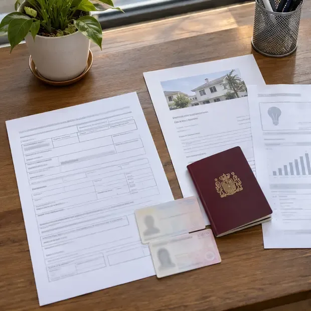 Documentos de identidad, formulario padronal, contrato de alquiler y recibos preparados sobre una mesa