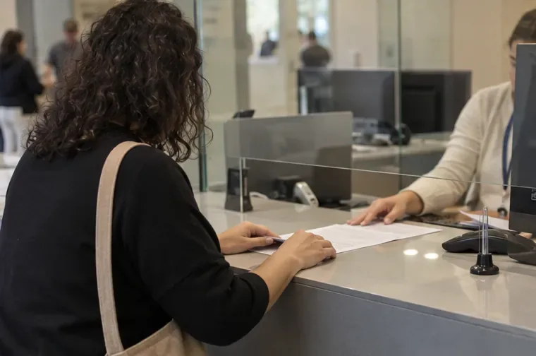Una persona entrega documentos en un mostrador genérico de atención ciudadana