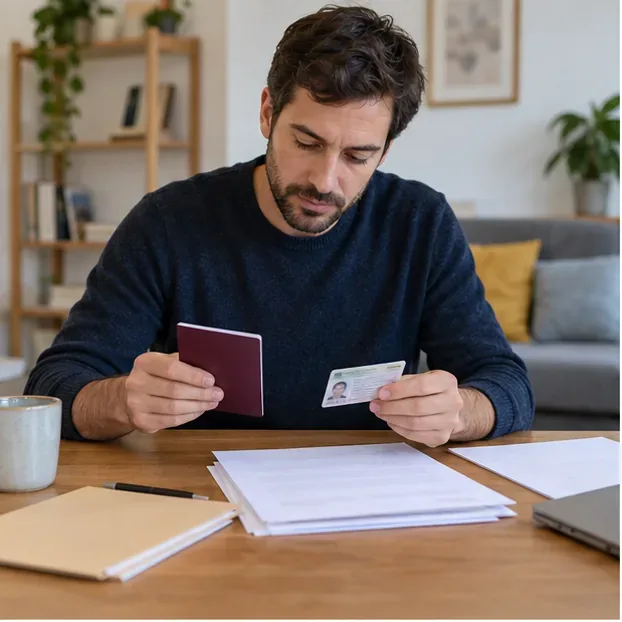 Un hombre revisa un pasaporte, una tarjeta de identidad y varios papeles sobre una mesa.