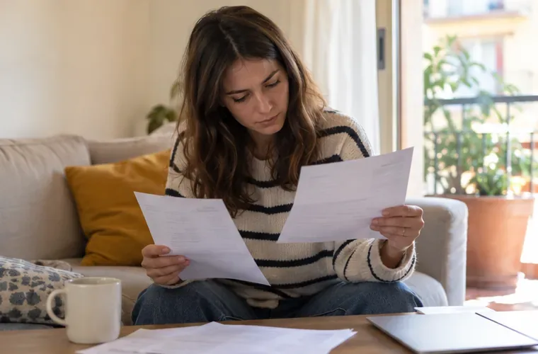Una inquilina revisa un contrato de alquiler y una factura de suministro de la vivienda