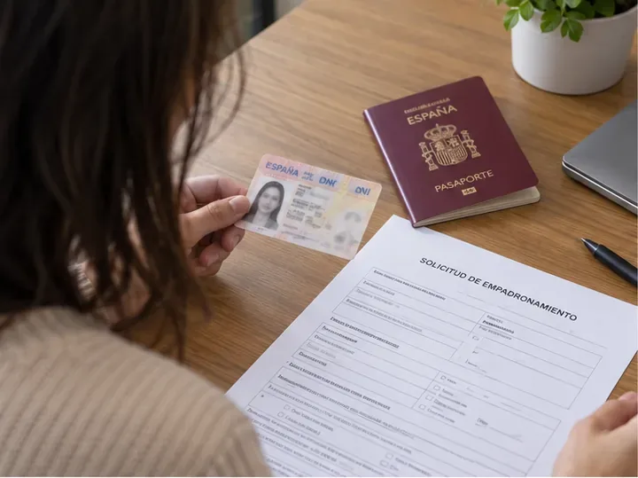 Persona preparando una solicitud de empadronamiento junto a documentos de identidad españoles sobre una mesa