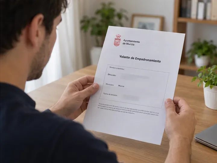 Persona revisando un volante de empadronamiento de Murcia en una mesa de casa