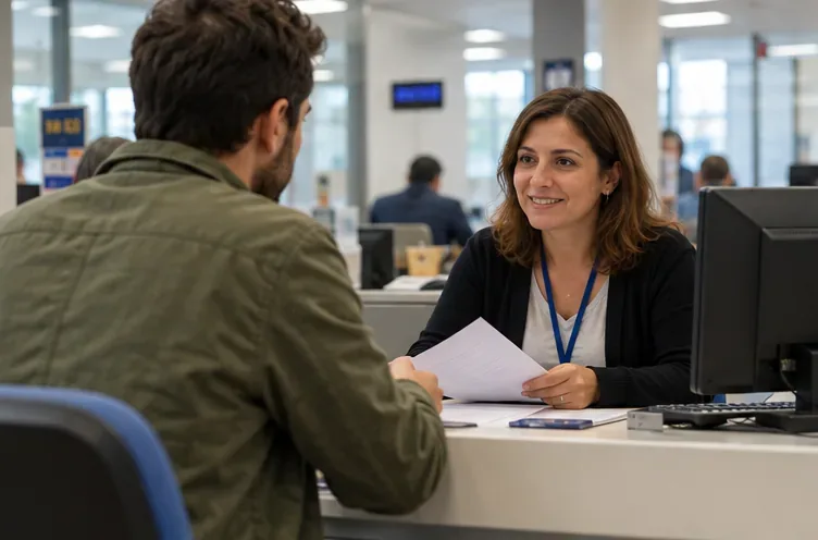 Ciudadano entregando documentos a una empleada en un mostrador de atención administrativa