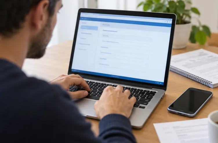 Persona utilizando un portátil para preparar una solicitud administrativa en línea desde casa