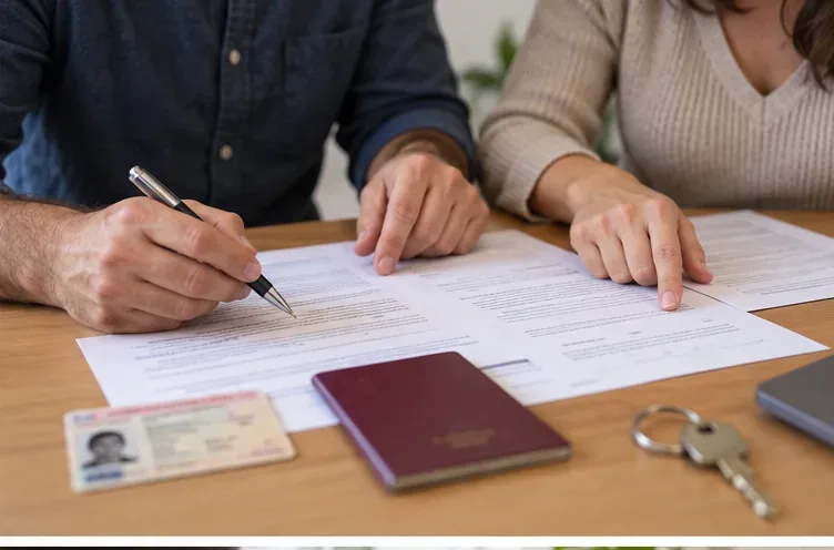 Dos personas revisando y firmando documentos de vivienda junto a identificaciones y unas llaves