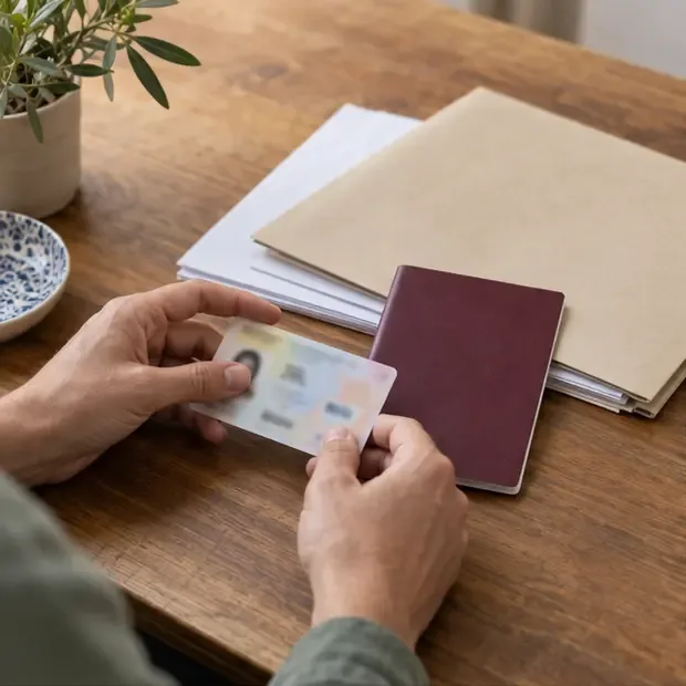 Manos que revisan un documento de identidad y un pasaporte junto a una carpeta de papeles