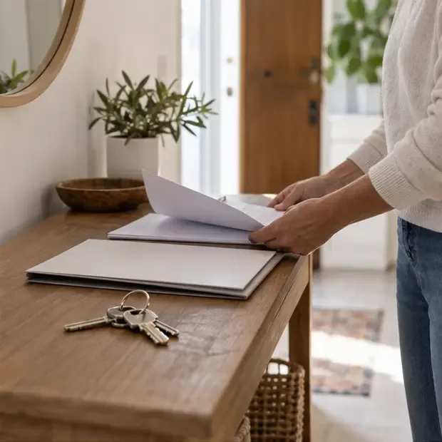 Persona que revisa una carpeta de documentos junto a unas llaves de vivienda sobre una mesa