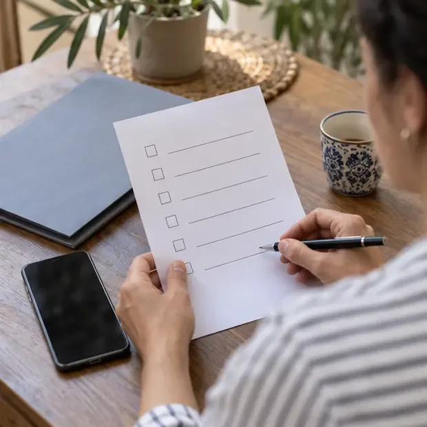 Persona que marca una lista de comprobación junto a un teléfono y una carpeta de documentos