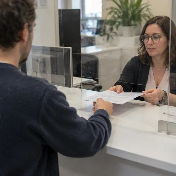 Persona entregando documentación en un mostrador de atención ciudadana para revisar un trámite de empadronamiento