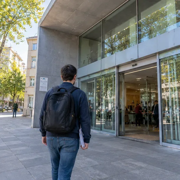 Persona acercándose con una carpeta de documentos a un edificio de atención administrativa