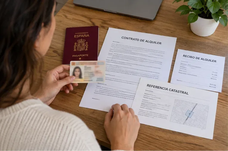 Persona revisando pasaporte, documento de identidad, contrato de alquiler, recibo y referencia catastral antes de solicitar el empadronamiento