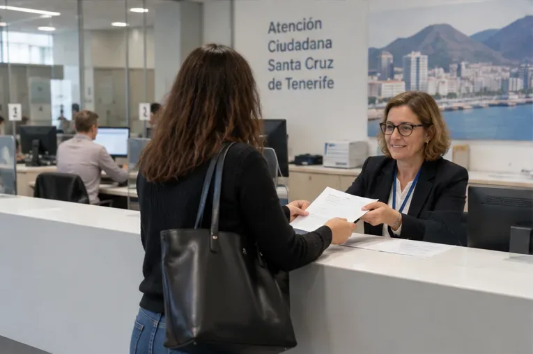 Persona entregando documentación en un mostrador de atención ciudadana de Santa Cruz de Tenerife