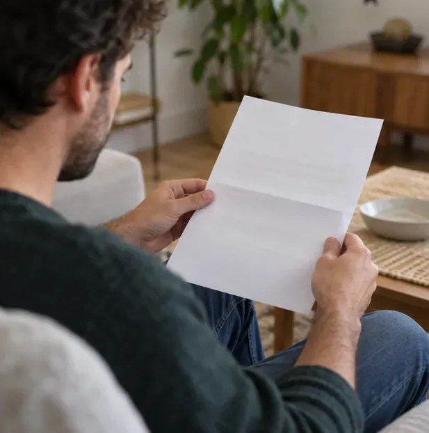 Una persona revisa una carta sin texto legible en casa; después de tramitar el alta, comprueba por separado si necesita volante o certificado padronal.