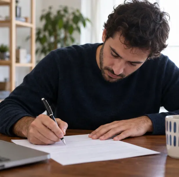 Una persona completa a mano un formulario de empadronamiento; todas las personas adultas incluidas deben revisar y firmar la hoja cuando corresponda.