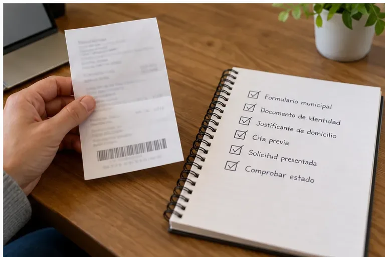 Persona conservando un justificante junto a una lista marcada de documentos, cita, presentación y comprobación del estado