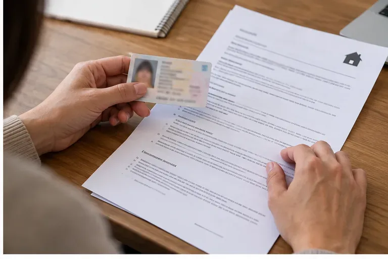 Persona revisando un documento de identidad y papeles relacionados con la vivienda antes de una cita de empadronamiento
