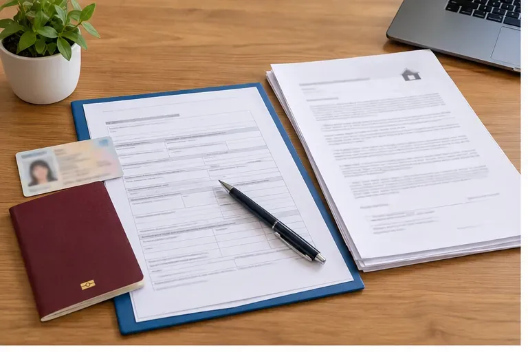 Documentos preparados sobre una mesa para tramitar el empadronamiento: formulario, identificación y documentación de vivienda