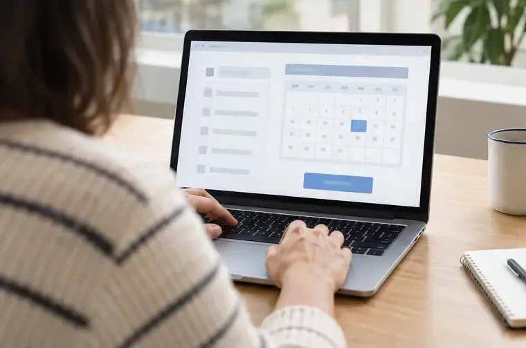 Persona utilizando un portátil con un calendario genérico de reserva de cita municipal