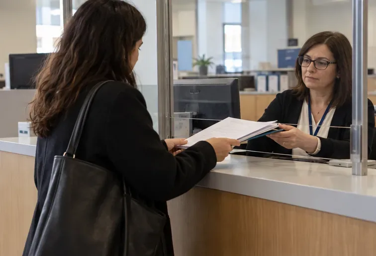 Una persona entrega una carpeta con documentos a una empleada en un mostrador de atención municipal