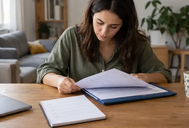 Una mujer revisa una carpeta de documentos y una lista de comprobación en casa