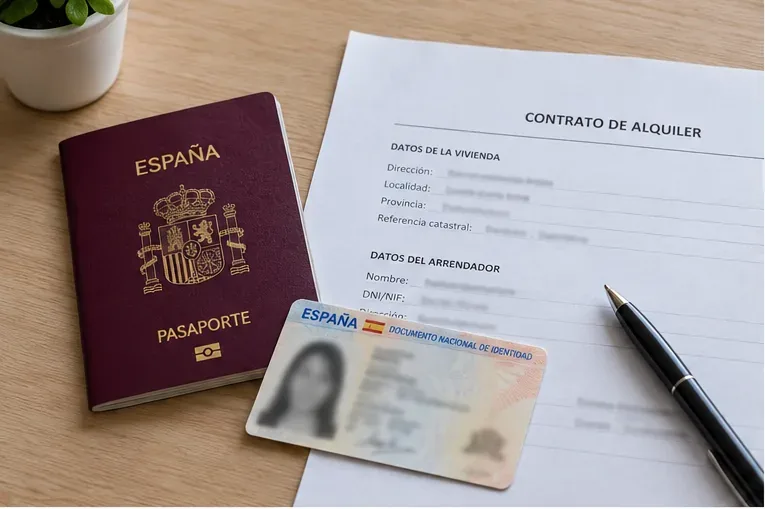 Pasaporte español, documento de identidad y contrato de alquiler preparados sobre una mesa para iniciar el empadronamiento