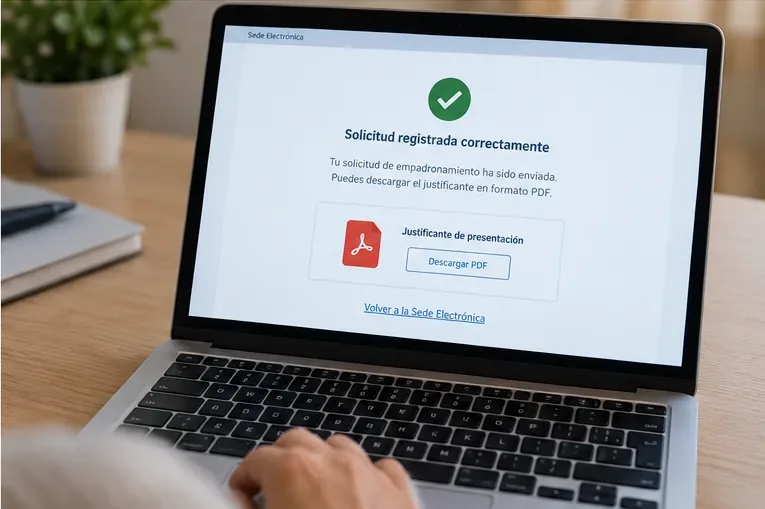 Portátil mostrando una confirmación de solicitud registrada y un botón para descargar el justificante en PDF