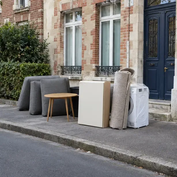 Des coussins de canapé, une table, un meuble, un tapis et un lave-linge sont regroupés proprement sur le trottoir devant une maison, en laissant un passage dégagé.