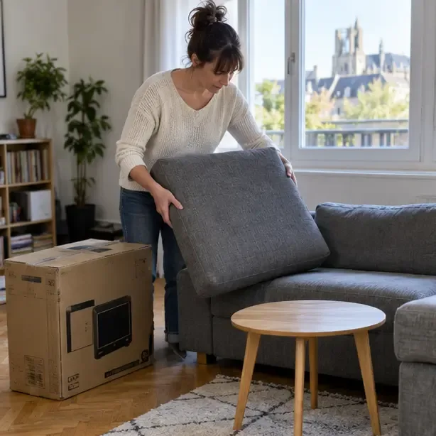 Une habitante trie un coussin de canapé, une petite table et un carton dans son logement avant de préparer une demande d’enlèvement des encombrants à Amiens.