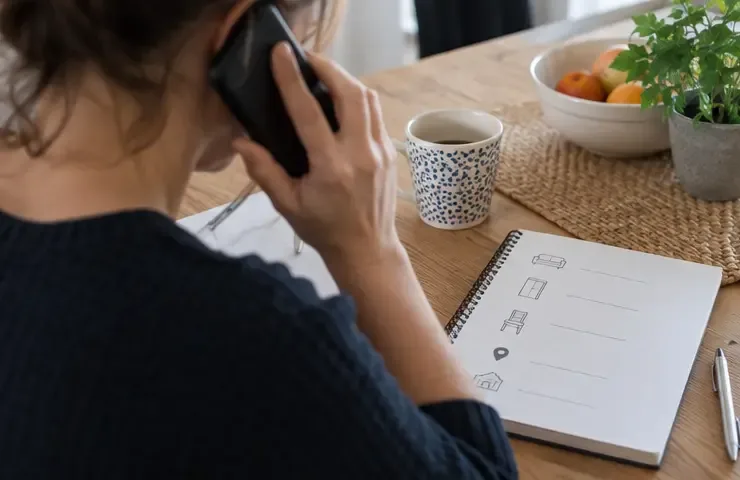 Personne au téléphone prenant des notes sur les objets, l’adresse et les conditions d’accès
