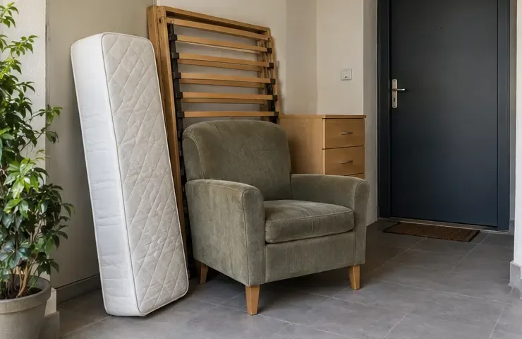 Matelas, sommier, fauteuil et petit meuble regroupés dans une entrée privée avec un passage dégagé