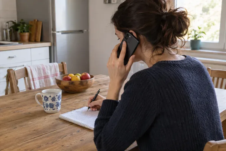 Une personne téléphone à une main et note les renseignements sur une feuille posée sur une table.