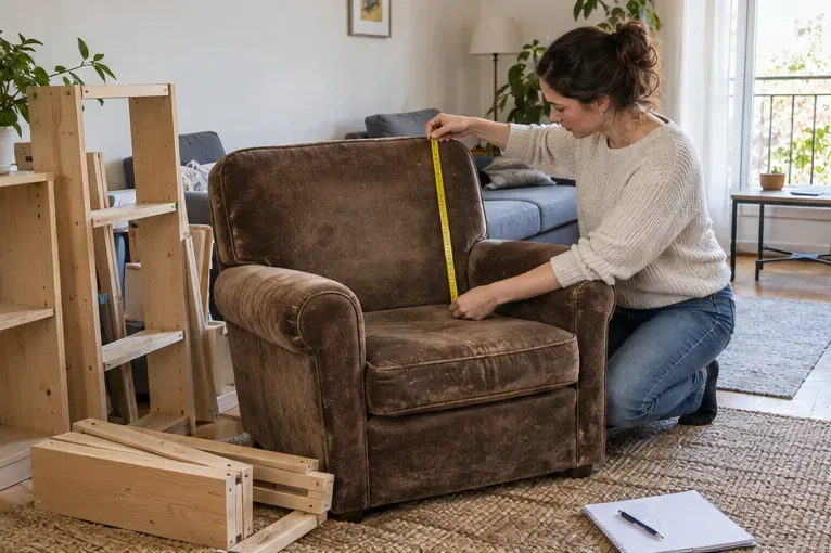 Une habitante mesure un fauteuil avec un mètre ruban dans son salon, près d’une étagère démontée.