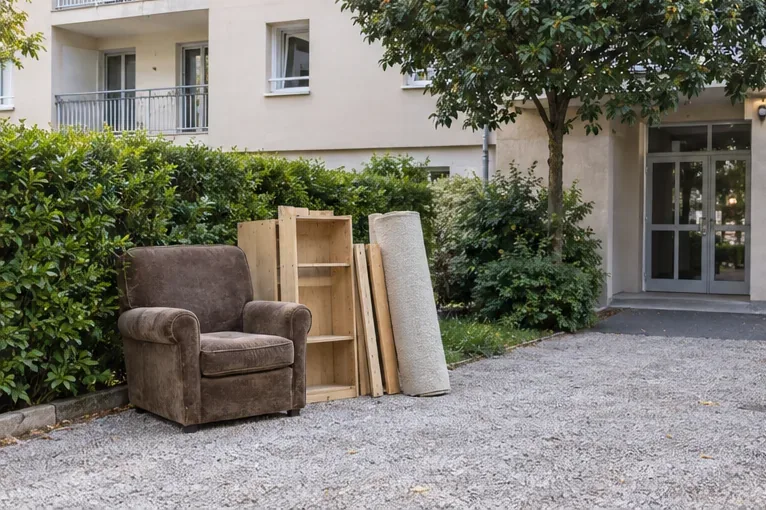 Un fauteuil, une étagère démontée et un tapis sont rangés dans une cour privée devant un immeuble.