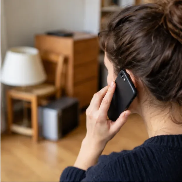 Une habitante téléphone depuis son logement avec des meubles à enlever visibles en arrière-plan.