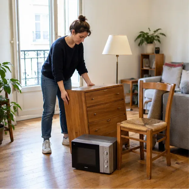 Une habitante regroupe une commode, une chaise et un petit appareil avant de demander leur enlèvement à Bordeaux.
