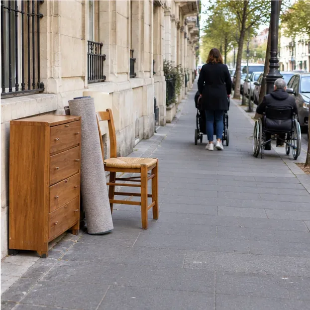 Une commode, une chaise et un tapis sont alignés contre une façade, en laissant une large partie du trottoir libre pour les passants.