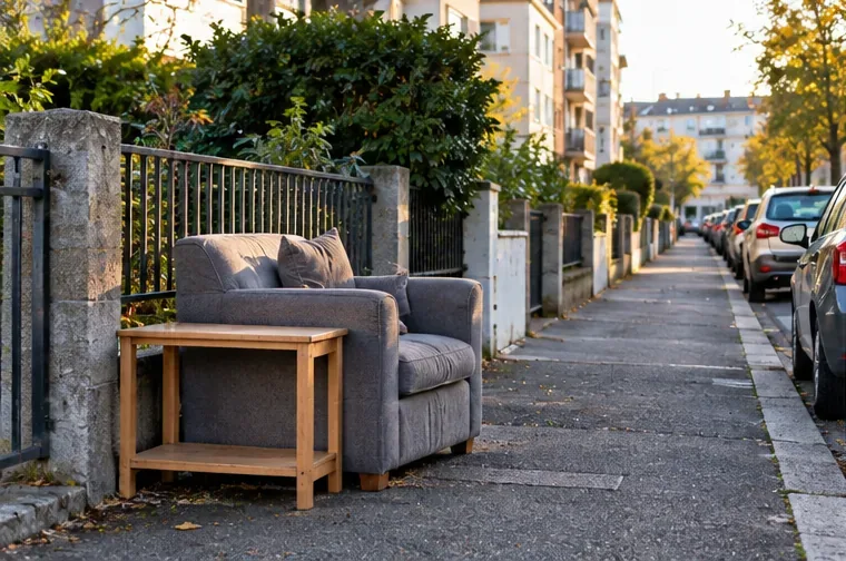 Un fauteuil gris et une petite table sont regroupés au bord d’un trottoir sans bloquer complètement le passage.