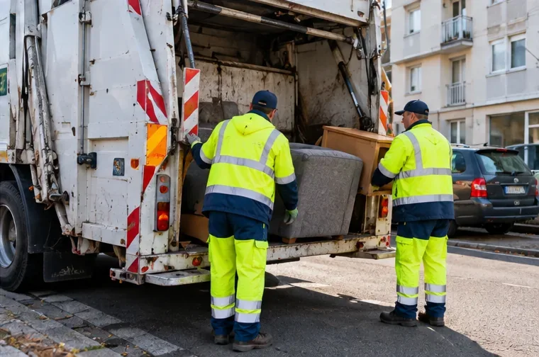 Deux agents de collecte chargent un fauteuil et un meuble en bois dans un camion de ramassage.