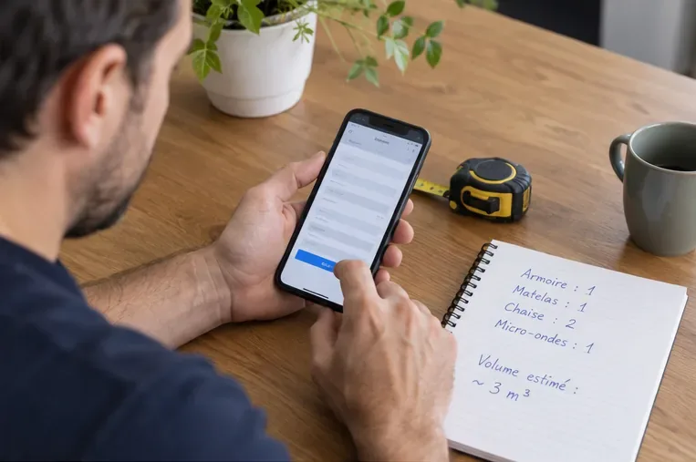Un habitant remplit un formulaire sur son téléphone avec à côté une liste d’armoire, matelas, chaises et micro-ondes et une estimation du volume.