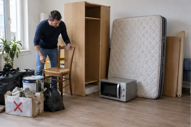 Un habitant trie une chaise, une armoire, un matelas et un micro-ondes en séparant des déchets exclus comme les gravats et la peinture.