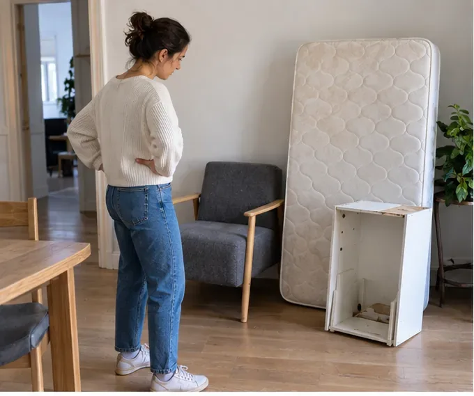Une habitante examine un fauteuil, un matelas et un petit meuble avant de demander une collecte d'encombrants