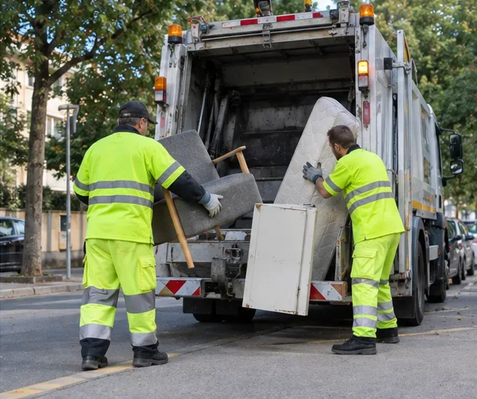 Deux agents de collecte en tenue haute visibilité chargent un fauteuil, un matelas et un meuble dans un camion