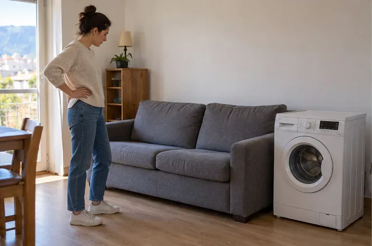 Une habitante examine un canapé et un lave-linge volumineux dans son logement avant de choisir une solution d’évacuation.