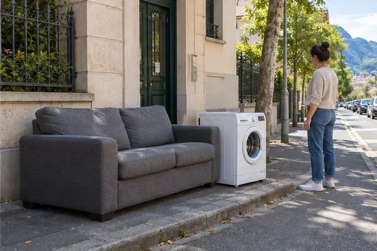 Un canapé et un lave-linge sont placés proprement devant un immeuble le jour prévu, en laissant un passage libre sur le trottoir.