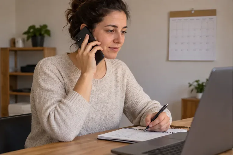 Une habitante confirme par téléphone les détails d’un rendez-vous de collecte tout en prenant des notes devant son ordinateur.