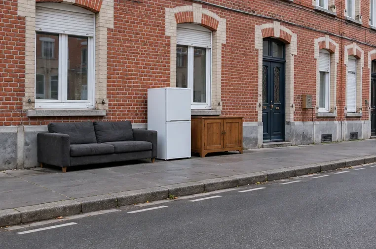 Un canapé, un réfrigérateur et un meuble sont regroupés près de la façade, avec un passage piéton dégagé le long du trottoir