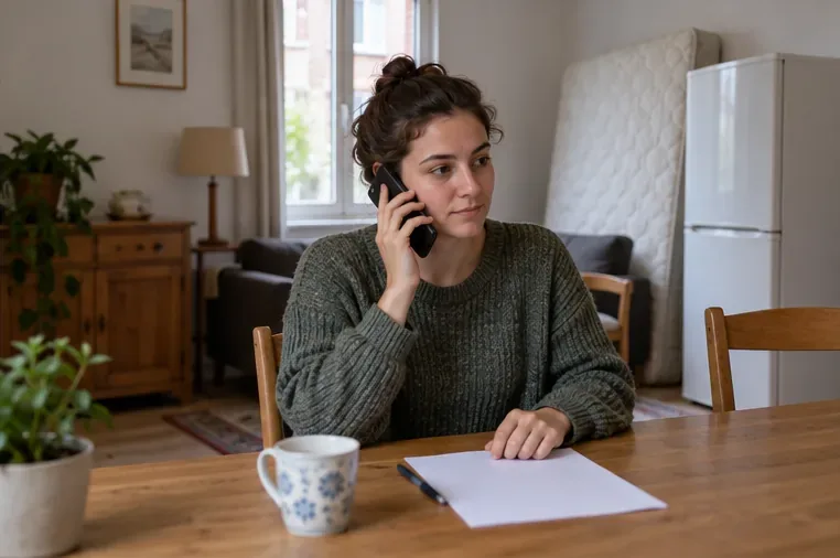Une résidente téléphone à une table où se trouvent une feuille de notes et, en arrière-plan, des objets volumineux